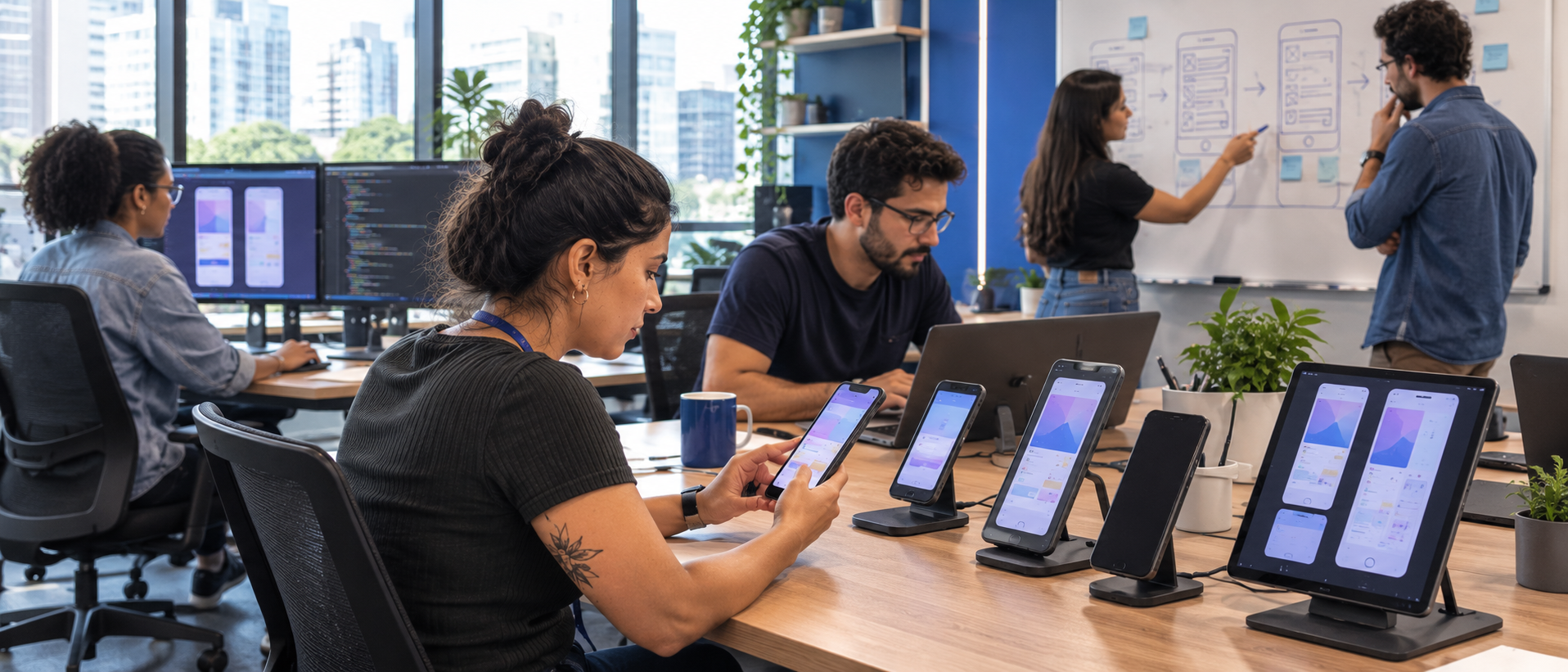Mobile app team reviewing a prototype together