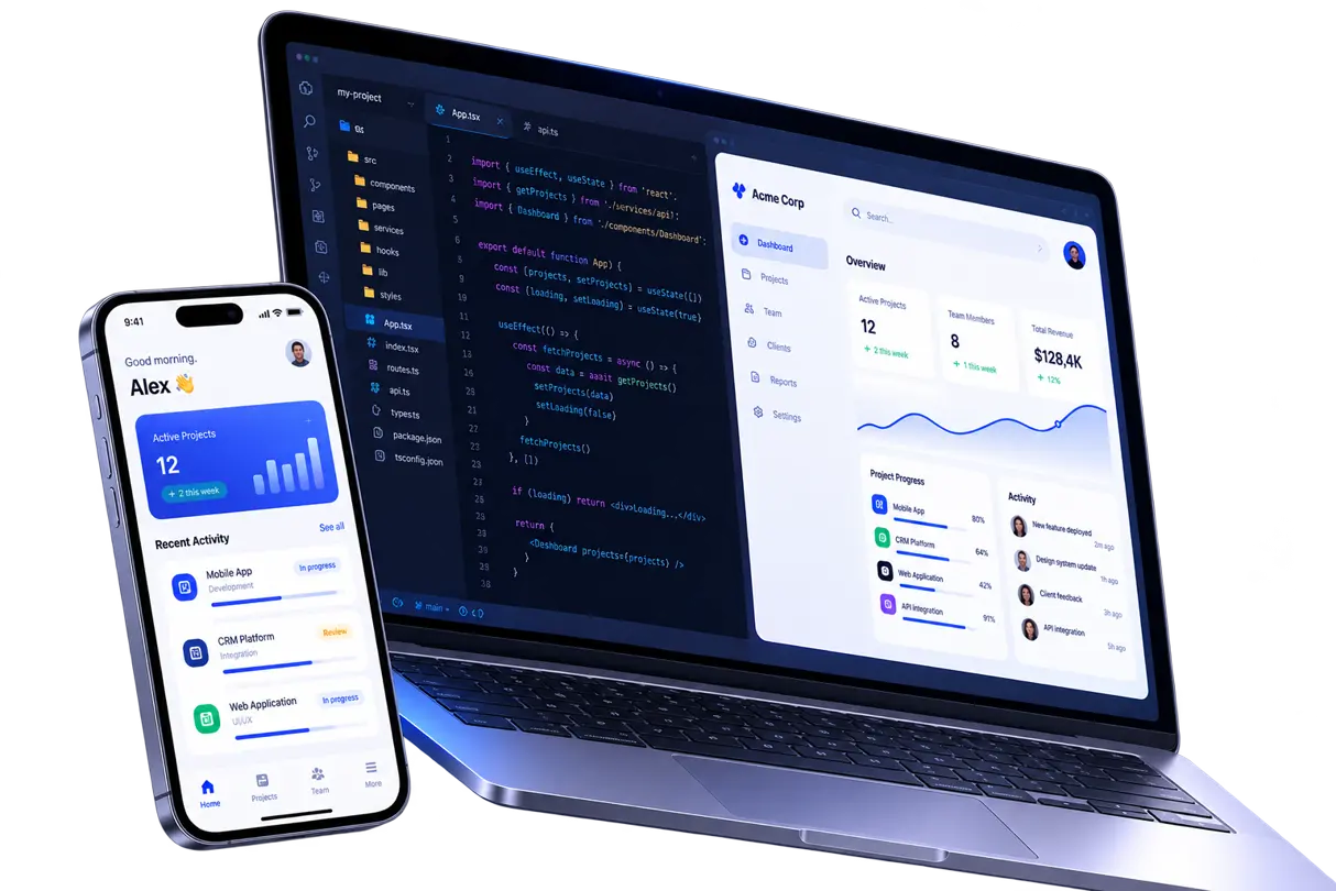 Custom software dashboard and engineering team interfaces on laptop, tablet, and phone